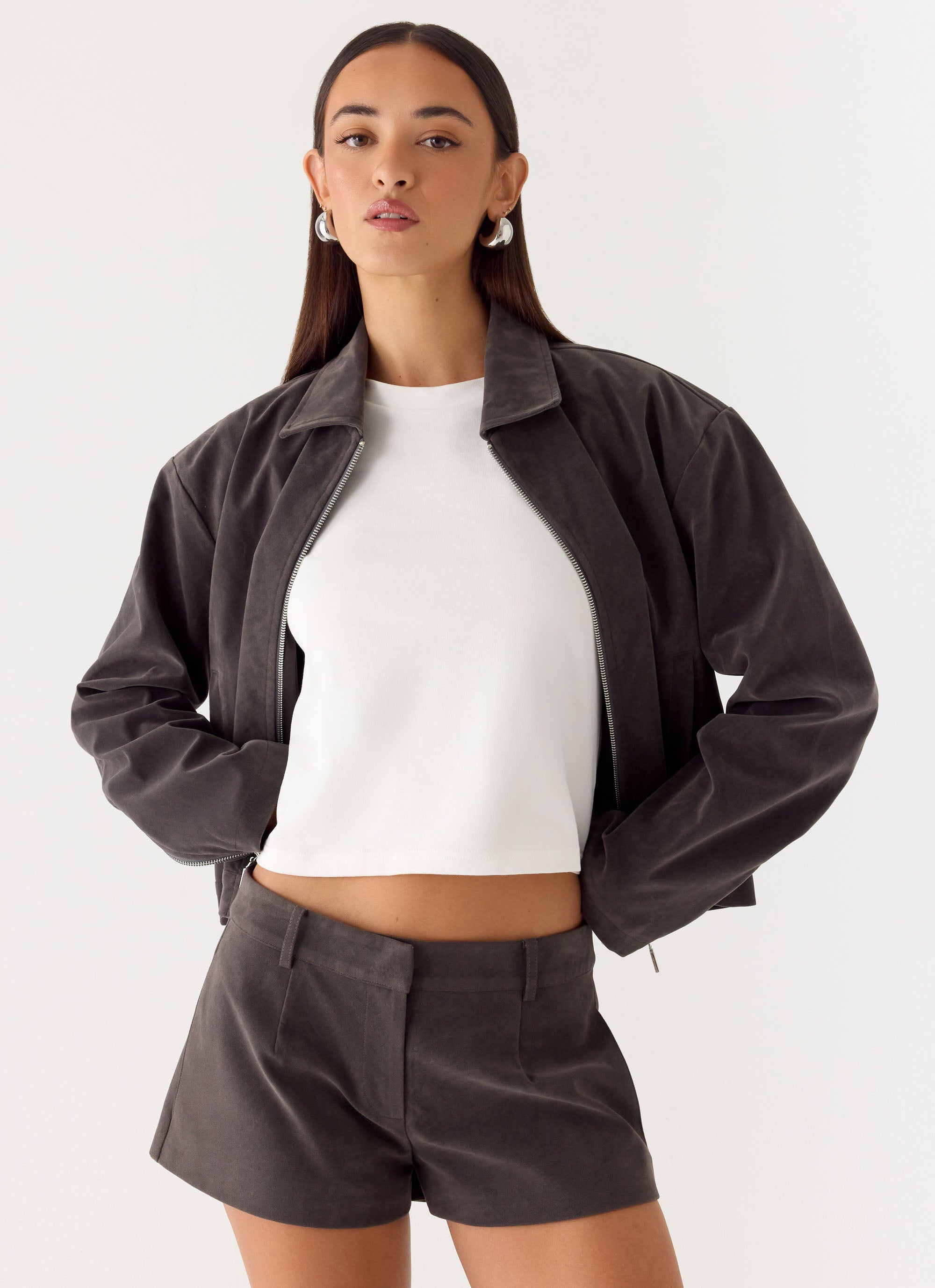 Austina Faux Suede Boxy Jacket - Tan Grey